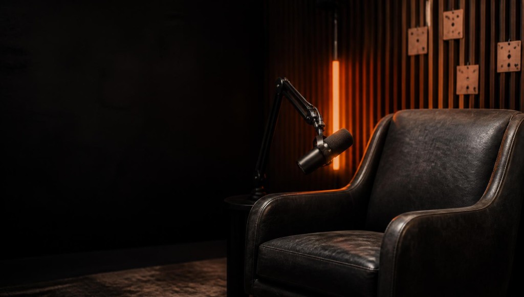 Empty studio chair and boom microphone under orange accent light